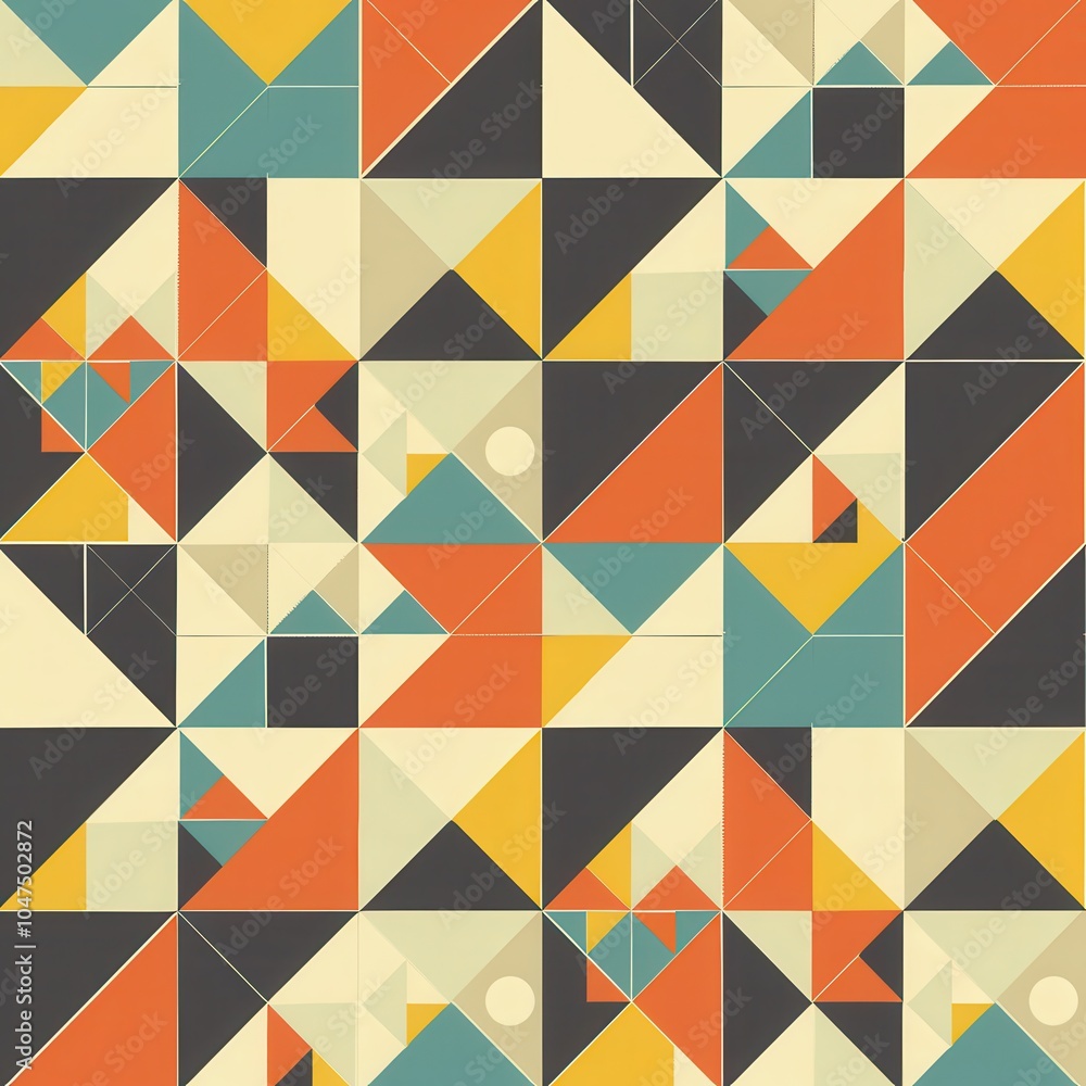 Aufkleber A vibrant geometric design showcases triangles and squares in a dynamic arrangement, featuring colors like orange, teal, and cream. Generative AI