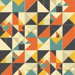 A vibrant geometric design showcases triangles and squares in a dynamic arrangement, featuring colors like orange, teal, and cream. Generative AI