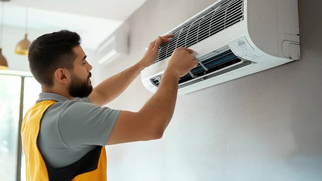 A technician is skillfully installing a split air conditioning system on a wall in a contemporary living room