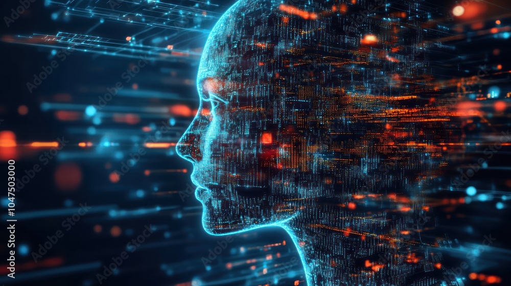 Poster a digital representation of a human profile, emphasizing technology and data flow.