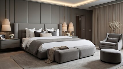 Luxurious Modern Bedroom with Upholstered Bed, Tufted Ottoman, and Elegant Gray Décor – Contemporary Interior Design