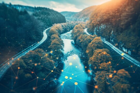 Blockchain technology streamlined into a flowing river ,Aerial perspective of the River Nile, highlighting its serpentine flow through diverse terrain and vibrant vegetation.