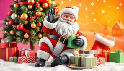 Festive santa with gifts and christmas tree