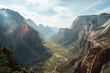 Fototapeta premium Breathtaking view of Zion National Park,Stunning Zion Canyon, located in Zion National Park, Utah, with dramatic cliffs and a picturesque natural setting.