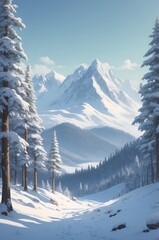 Fototapeta premium erene Winter Valley with Snow-Covered Mountain Peaks