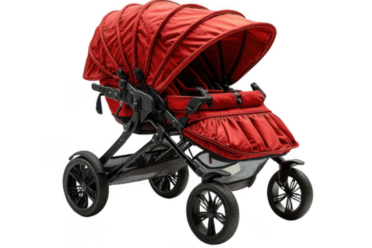 Red baby double stroller isolated on transparent background, png file, no background png file
