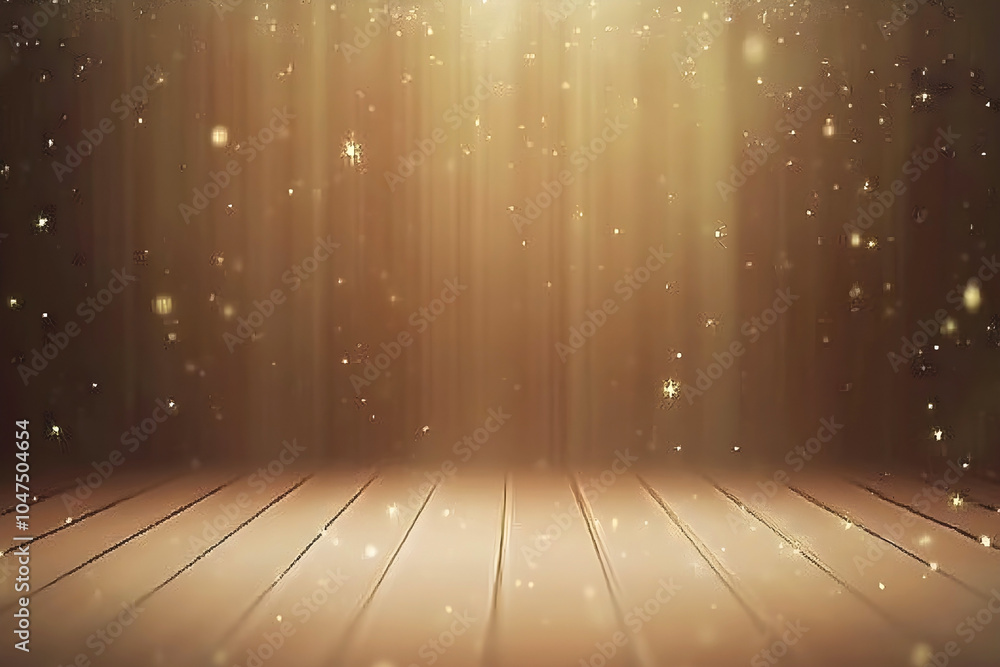 Poster golden stage with wooden floor and glowing particles floating in the air, illuminated by soft, warm 