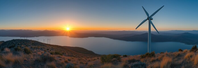 A wind turbine is standing on a hill overlooking a lake