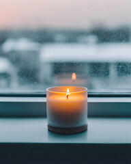 glowing candle sits on windowsill, casting warm light against frost covered glass, creating cozy and serene atmosphere. soft glow contrasts beautifully with chilly exterior