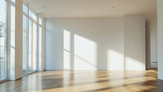 The empty room features hardwood floors, large floor to ceiling windows, and gentle sunlight creating an inviting and airy atmosphere