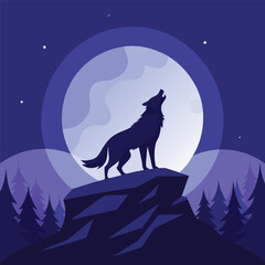 Wolf Howling Under a Full Moon in Mountain Landscape Vector Illustration