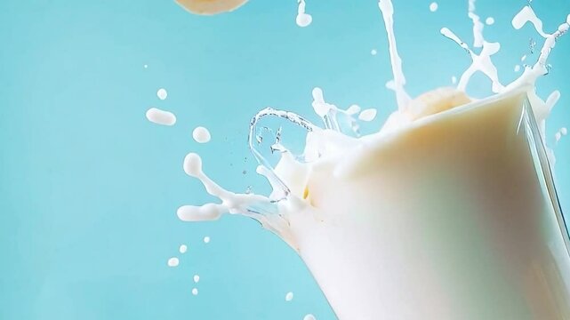 video slow motion, milkshake with banana with splashes on simple background