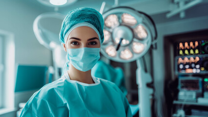 young female surgeon, in the background a team of doctors performing an operation