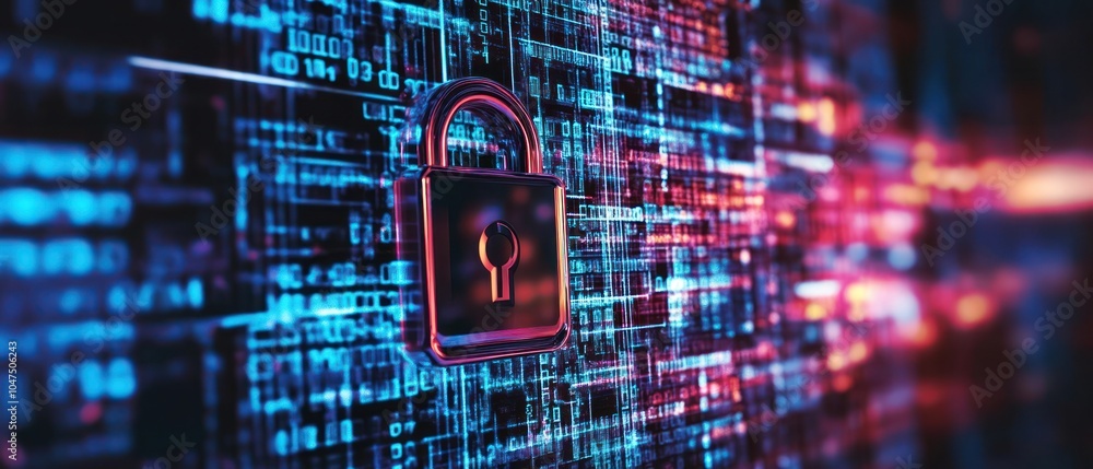 Aufkleber a digital padlock over a colorful, abstract data background symbolizing cybersecurity.