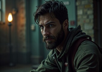Fototapeta premium Handsome bearded man with intense gaze sitting indoors in urban setting 