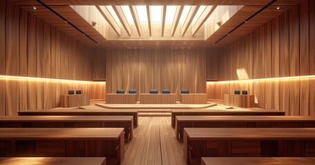 a vacant bench-filled wooden courtroom trial, court, law, judge, attorney, wood, empty, legal, justice, Generative AI.