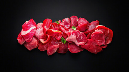 Freshly sliced raw beef arranged neatly on a dark background, showcasing its rich color and texture for culinary inspiration