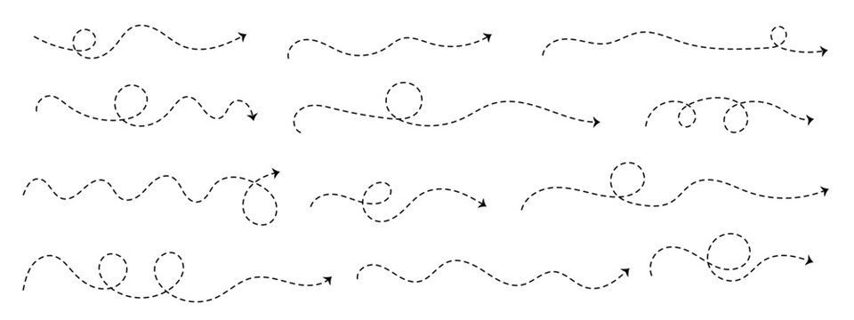Set of twelve dotted route arrows showing different airplane paths, from looping to wavy trajectories. Editable stroke