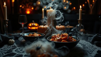 Spooky halloween feast with pumpkins and candles