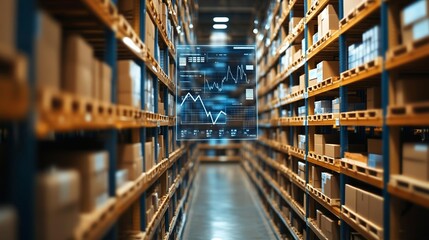 Warehouse filled with shelves and AR projections, digital charts and analytics overlaying the scene, symbolizing the future of supply chain management
