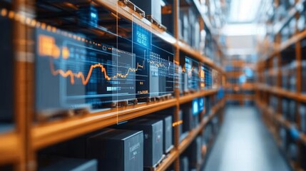 Warehouse filled with shelves and AR projections, digital charts and analytics overlaying the scene, symbolizing the future of supply chain management
