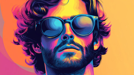 Retro disco man hairstyle. vector pop art funky portrait man with retro sunglasses, created using generative ai tools. Pop Art Portrait. Illustration