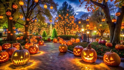 Halloween pumpkins decorating a cobblestone path at dusk