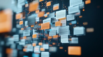 Abstract visualization of documents floating in a digital space, AI algorithms processing data, emphasizing advanced document analysis and automation technology