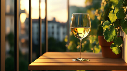 A glass of white wine on a round table on a balcony 