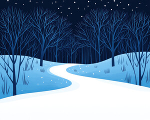 serene snowy path winds through tranquil forest, surrounded by tall trees under starry night sky. peaceful atmosphere invites exploration and reflection