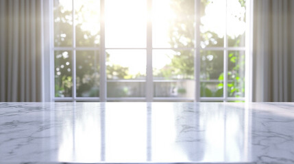 Fototapeta premium A white marble counter close-up in front of a bright window 