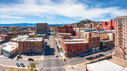 Aerial panorama of Butte, Montana along Park street. Butte is a consolidated city-county and the...