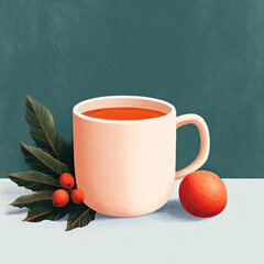 warm mug of spiced cider sits on snowy windowsill, surrounded by vibrant leaves and berries, evoking cozy and inviting atmosphere