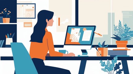 Woman working at a modern home office desk