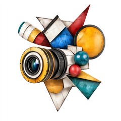 Abstract camera sculpture with geometric shapes.