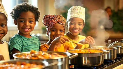 A family using advanced cooking technology to prepare a meal that teaches children the importance of nutrition and love for others – A warm and responsible image of creation, love
