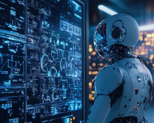 Futuristic AI technology solving complex equations on interactive digital boards