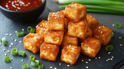 Golden crispy fried tofu, isolated on a gray stone surface, surrounded by sweet chili sauce, fresh scallions, and a sprinkle of sesame seeds