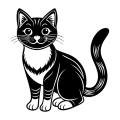 Obraz premium cat sits. full body icon Black and white logo, cat silhouette, engraving style. Pet character. Vector illustration
