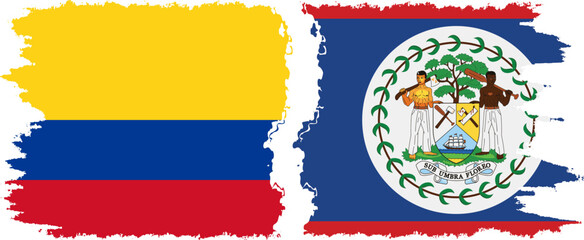 Belize and Colombia grunge flags connection, vector