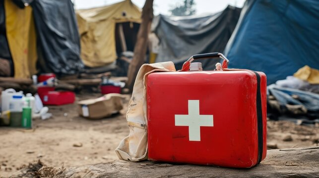 A red first aid kit is placed in a makeshift camp, symbolizing health and emergency care.