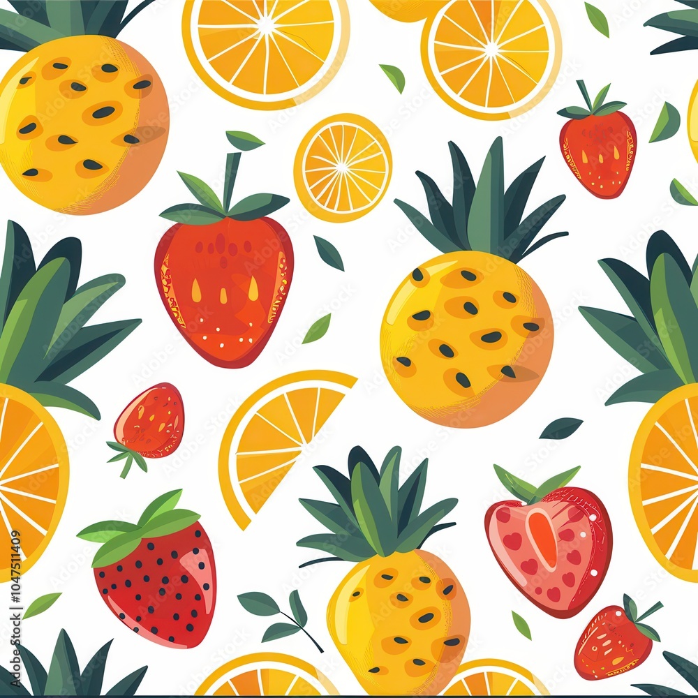 Aufkleber a vibrant pattern showcasing an arrangement of pineapples, strawberries, and lemon slices, creating 