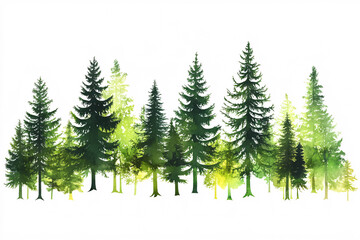 Fototapeta premium Watercolor illustration of green pine trees in various shades of green on a white background with a soft natural style 