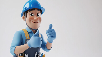 cheerful cartoon electrician giving thumbs up, wearing blue helmet and gloves, ready for work. His tools are visible, showcasing positive attitude