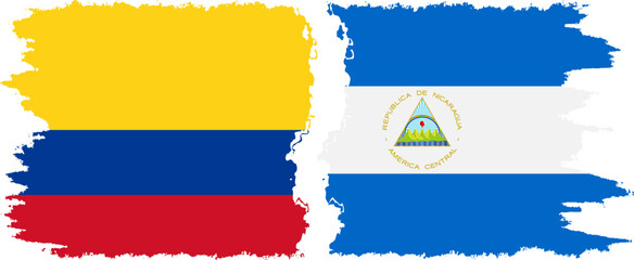 Nicaragua and Colombia grunge flags connection, vector