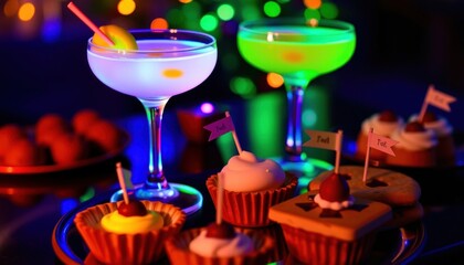 Vibrant cocktails and sweet treats display