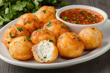 A plate of coxinhas, deep-fried dough balls filled with creamy chicken and spices, served with a side of spicy dipping sauce