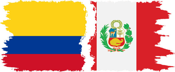 Peru and Colombia grunge flags connection, vector