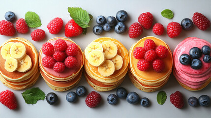 Appetizing pancakes with raspberries, blueberries and bananas TOP VIEW