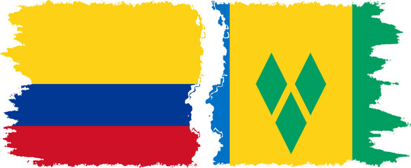 Saint Vincent and the Grenadines and Colombia grunge flags connection, vector